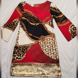 Sunny Leigh Longsleeve Shift Dress, Red Black & Gold, Size S